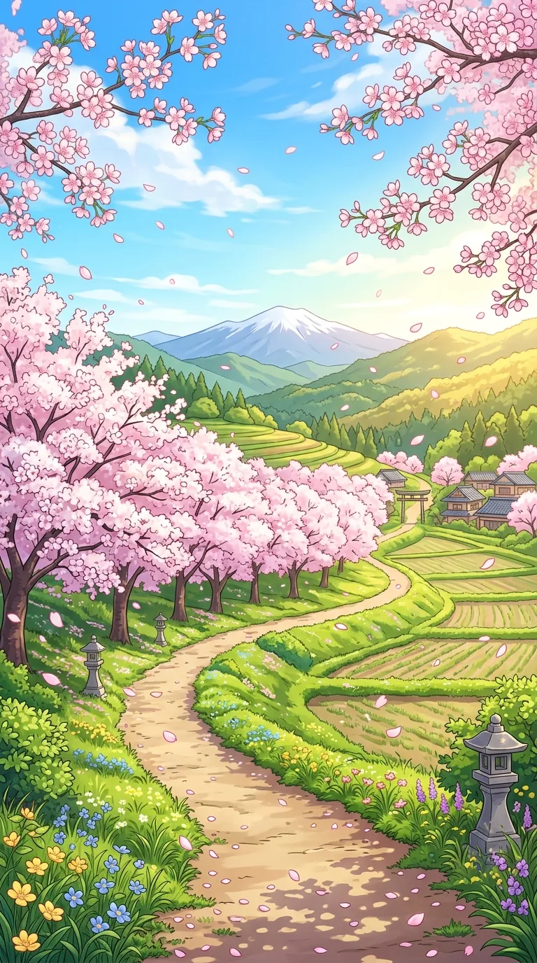 Vivid Anime-Inspired Cherry Blossom Spring Landscape - Free 4K mobile Wallpaper