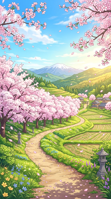 Vivid Anime-Inspired Cherry Blossom Spring Landscape - Free mobile Wallpaper