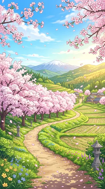 Vivid Anime-Inspired Cherry Blossom Spring Landscape