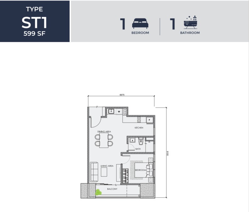 Centrix Type ST1 floor plan — 599 sq ft, 1 bedrooms