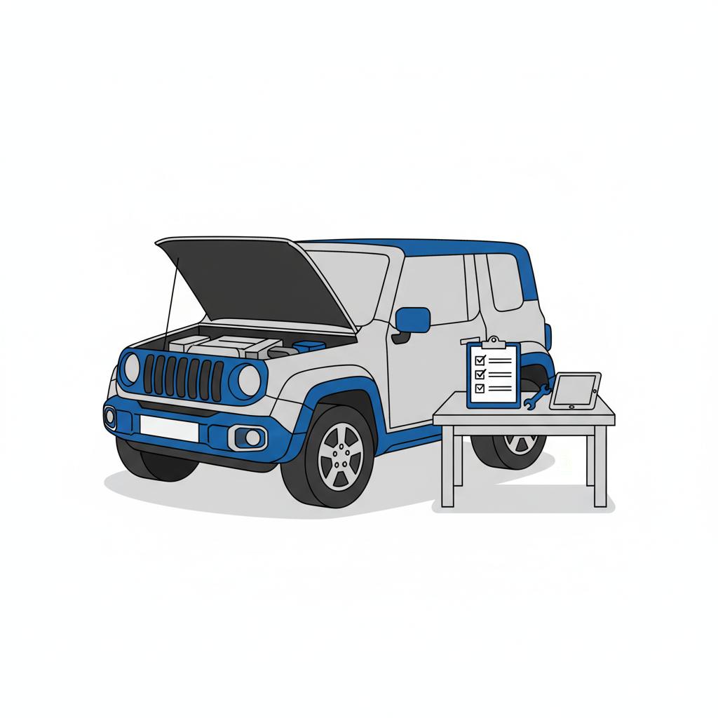Minimal 2D vector illustration of a jeep with open hood beside a workbench with clipboard and tools representing vehicle inspection for jeeps for sale