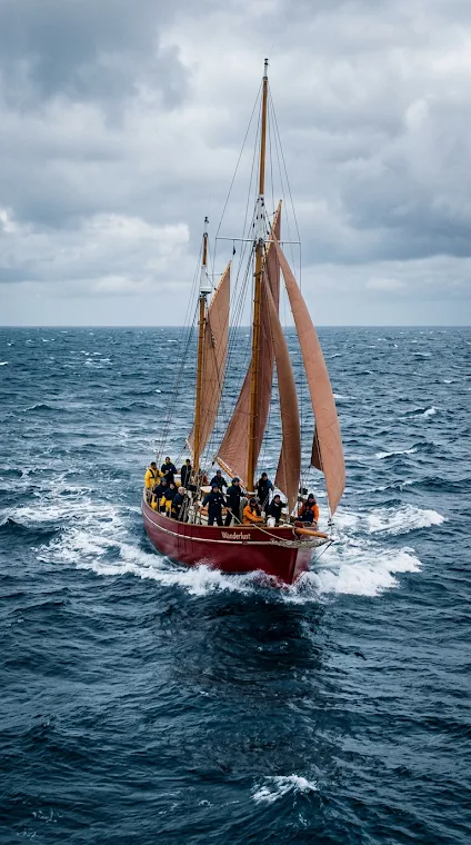 Traditional Sailboat on Choppy Ocean