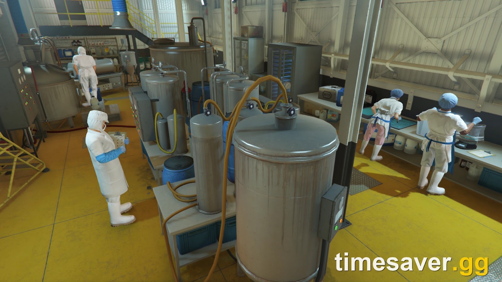 GTA Online Methamphetamine Lab in production, with staff in white protective suits working between large chemical tanks and pipes