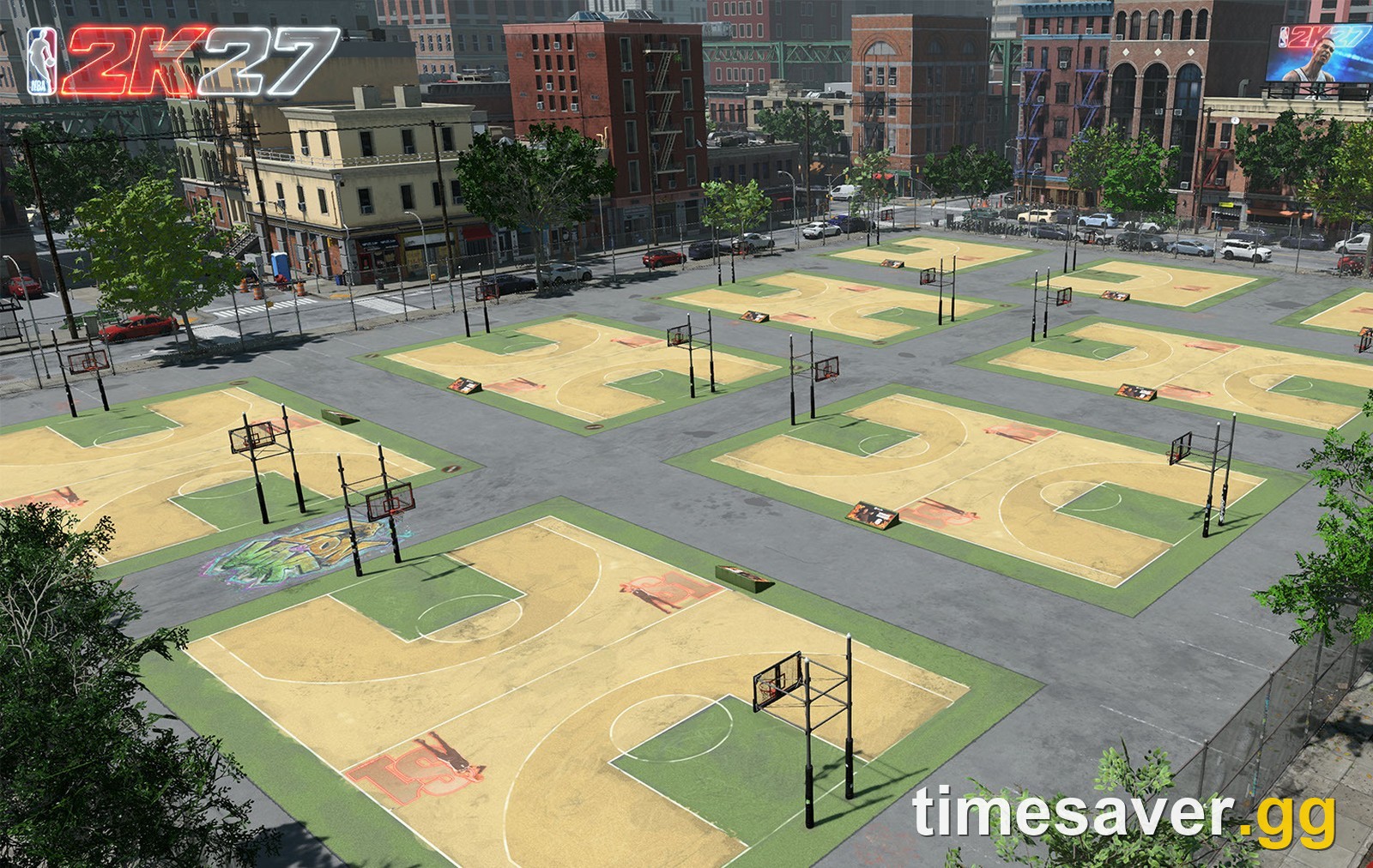 NBA 2K27 The City by day — a seasonal outdoor park with multiple basketball courts where players queue for online games