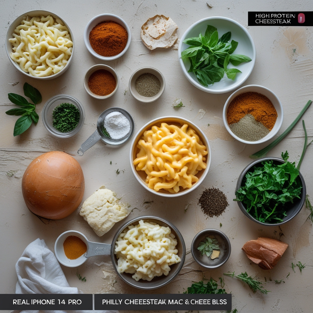 Ingredients for High-Protein Creamy Philly Cheesesteak Mac & Cheese Bliss – Easy Comfort Food