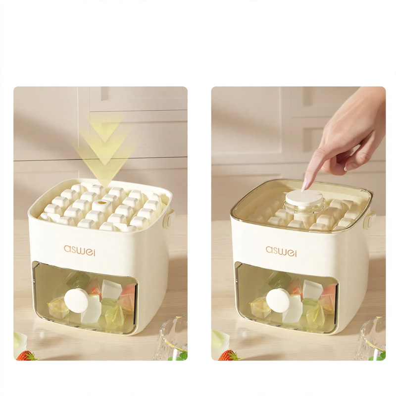 Ice cube tray with pressing function and storage container