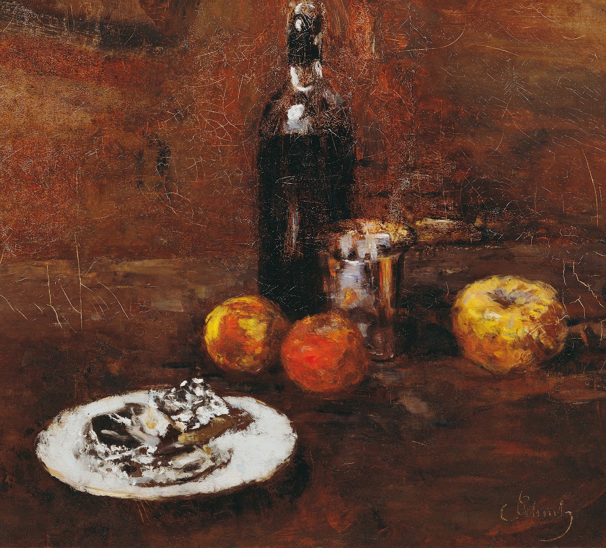 Stillleben mit drei Äpfeln und Käse in Staniol 1886