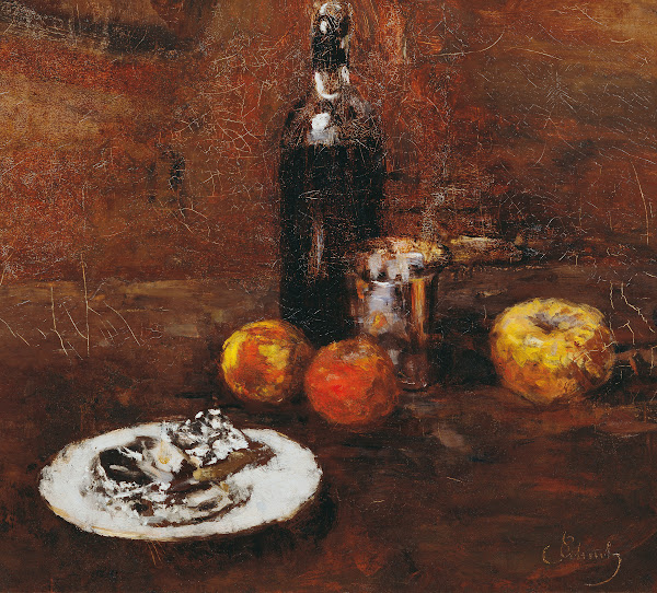 Stillleben mit drei Äpfeln und Käse in Staniol 1886