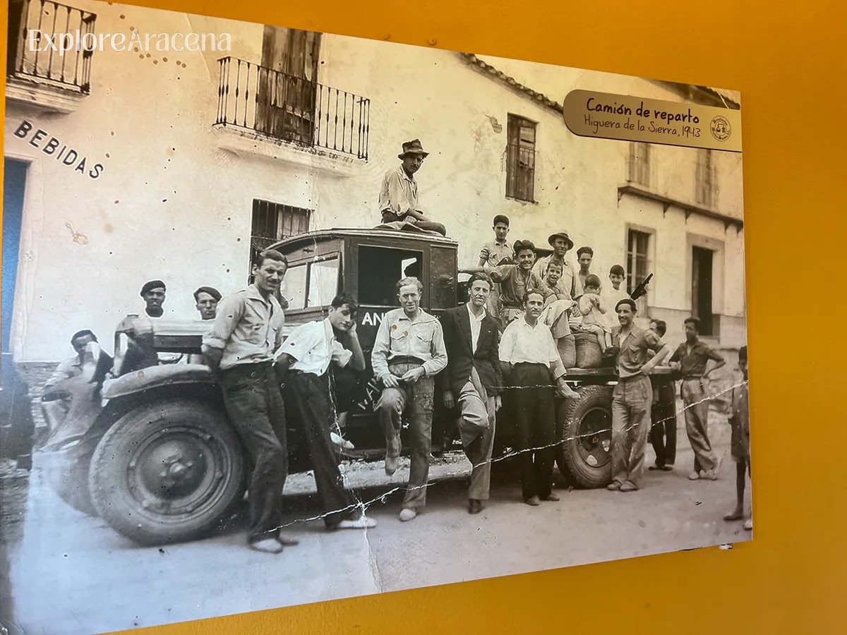 Historic black-and-white photograph showing a Martes Santos delivery truck in the Sierra in 1943.