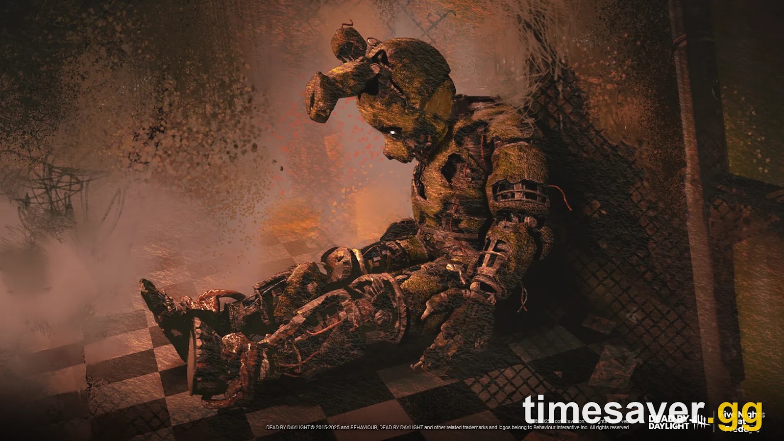 Official Dead by Daylight Five Nights at Freddy's key art showing The Animatronic slumped against a wall