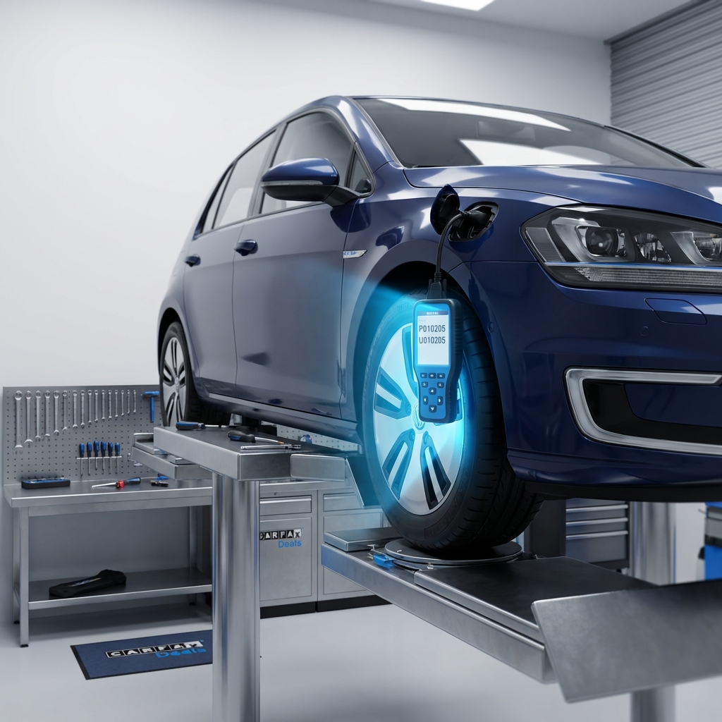 Close up of a Volkswagen on a lift with a diagnostic scanner showing fault codes and a blue 3666ed glow in a clean workshop minimal layout Are Volkswagens expensive to fix?