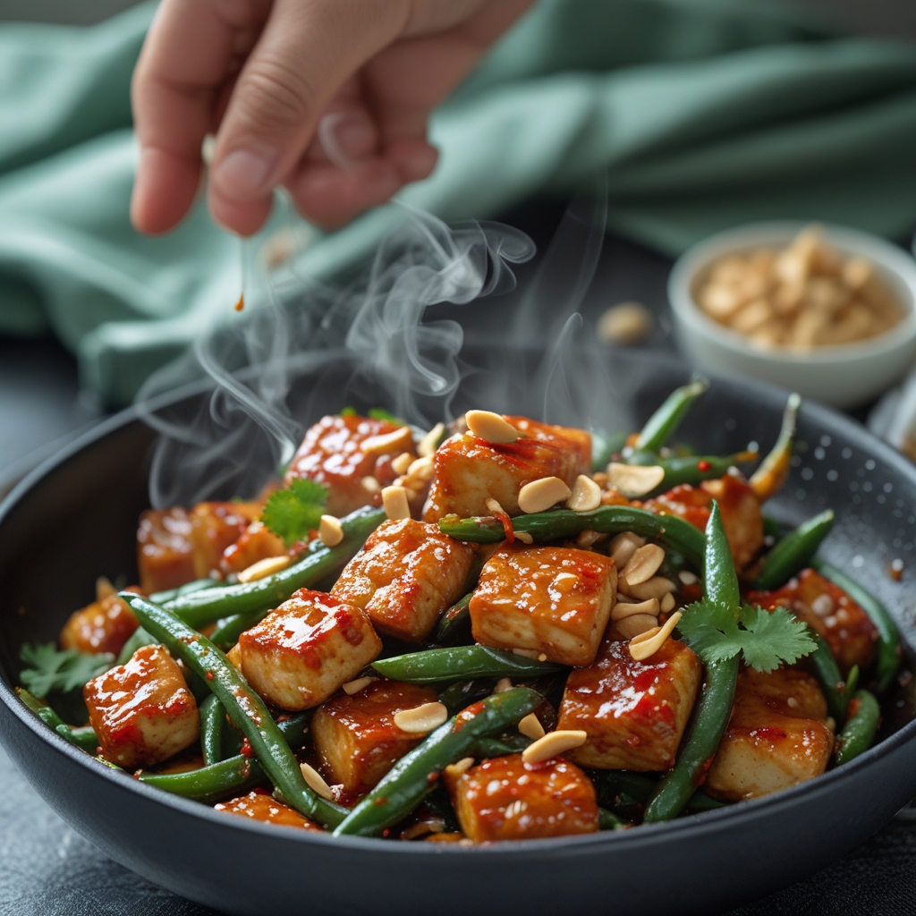 Final Sambal Glazed Tempeh & Charred Green Bean Stir-Fry with Creamy Peanut Drizzle