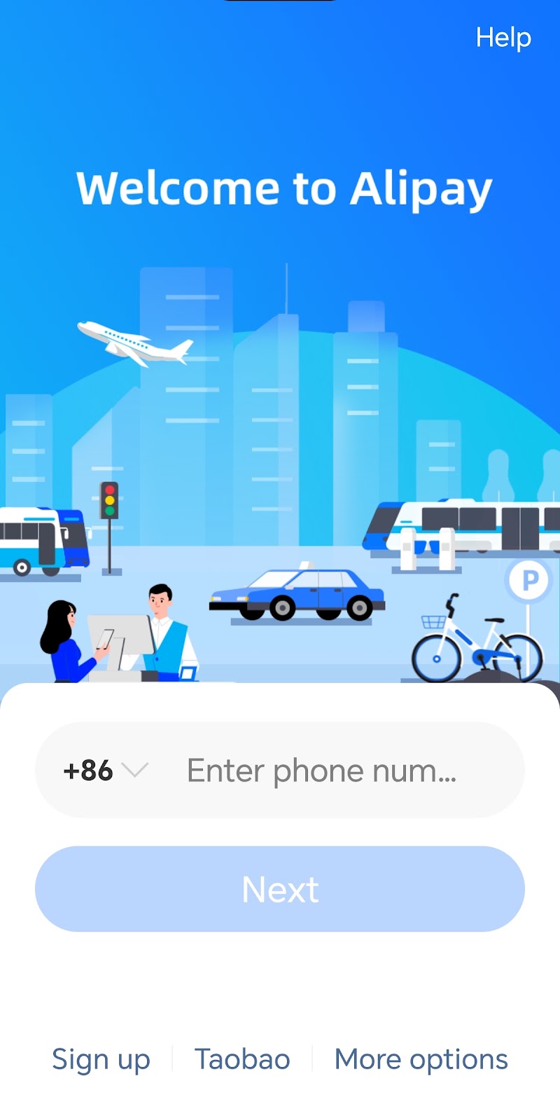 Alipay home screen showing Scan, Pay, Transport, and Bank Card buttons