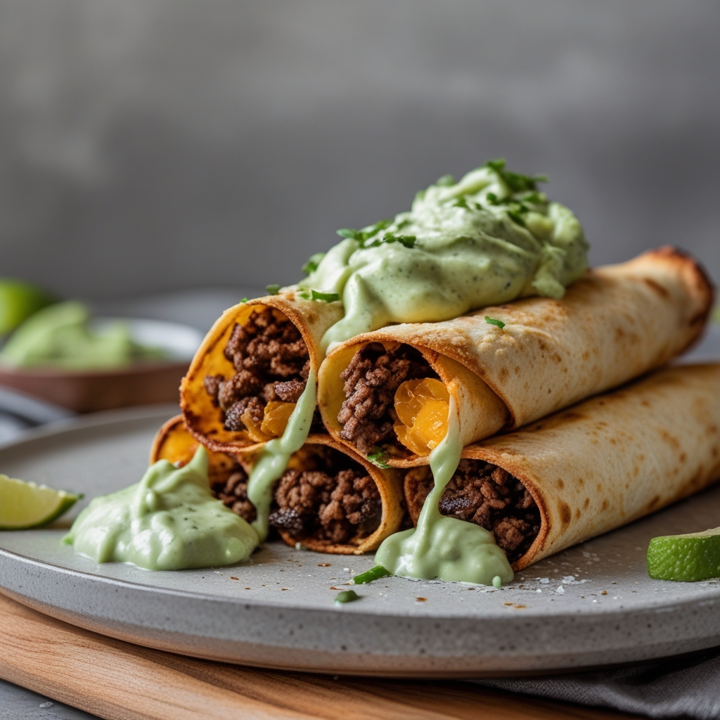 Final Crispy Air Fryer Beef & Black Bean Taquitos with Zesty Avocado Lime Crema