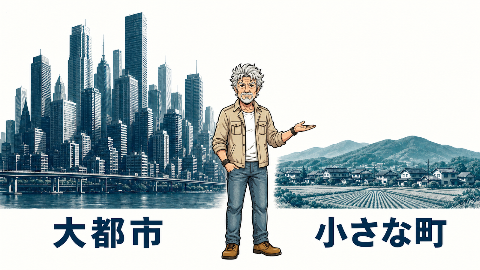 大都市と小さな町の規模の違いを対比した図