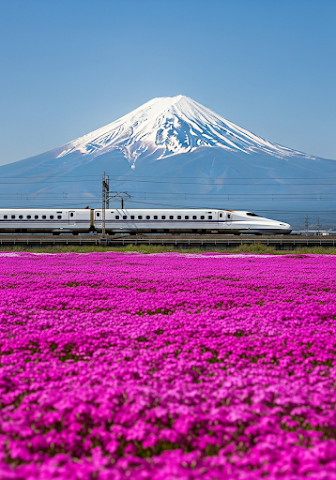 Bullet Train by Mount Fuji and Pink Fields
