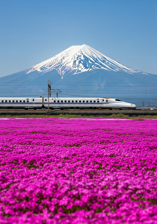 Bullet Train by Mount Fuji and Pink Fields