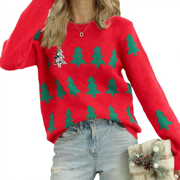 Women's Christmas sweater with Christmas tree jacquard