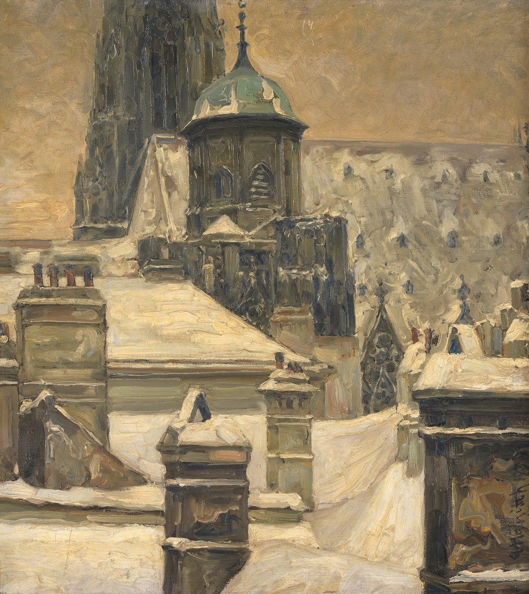 Blick auf den Adlerturm der Stephanskirche von den Dächern der Häusergruppe Step