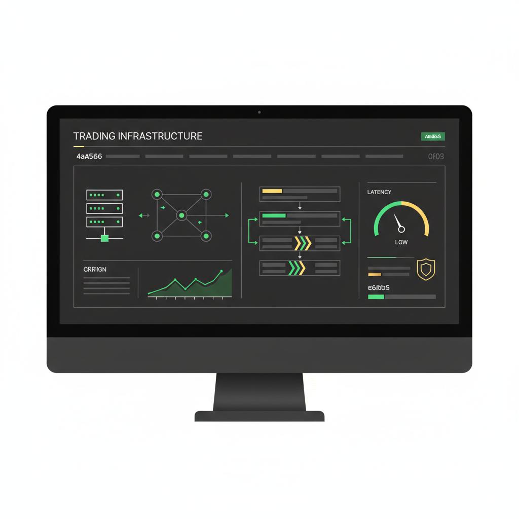Minimalist 2D vector monitor dashboard showing trading infrastructure and technology components representing how to start a hedge fund in a Finance Police color palette