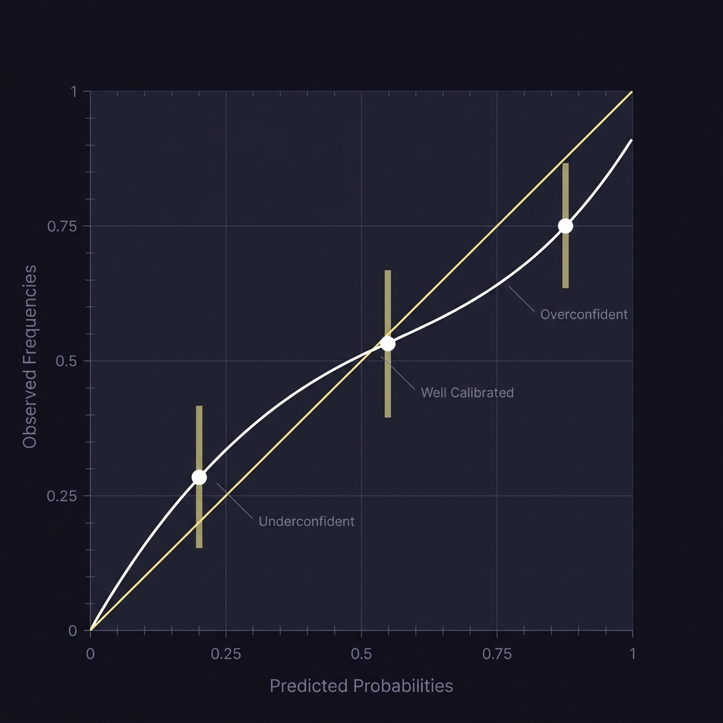 Reliability diagram of predictions vs observed frequencies annotated for overconfidence underconfidence Using Confidence Ranges Instead of Exact Predictions
