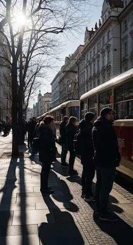 People Waiting for Tram in Sunny Prague