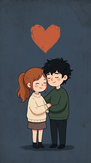 Cute Cartoon Couple in Love under Red Heart - Free mobile Wallpaper