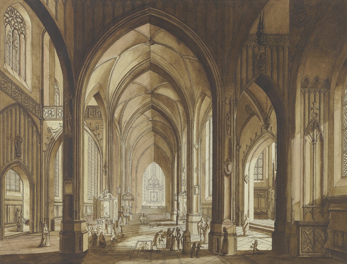 Inneres einer dreischiffigen gotischen Hallenkirche mit Blick auf den Chor ca 17