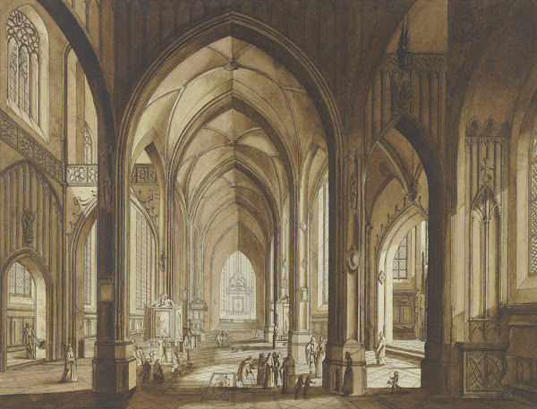 Inneres einer dreischiffigen gotischen Hallenkirche mit Blick auf den Chor ca 17