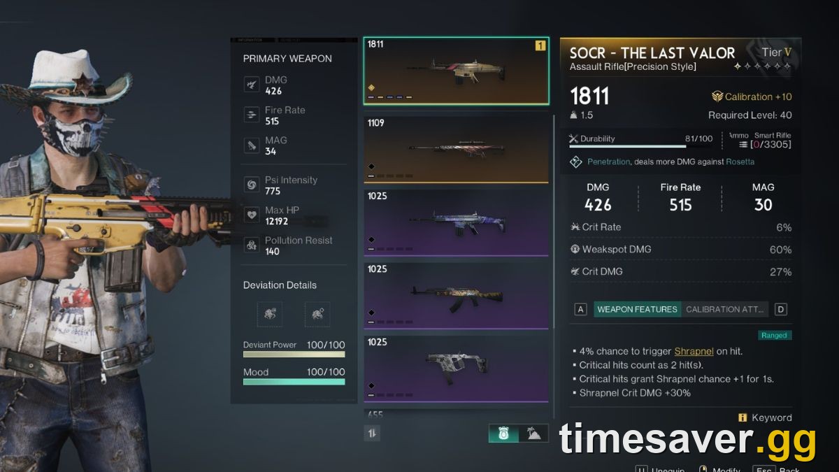 Once Human weapon details screen showing the SOCR - The Last Valor assault rifle, its stats, calibration and weapon features