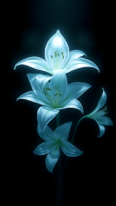 Ethereal blue lilies glow softly against dark background