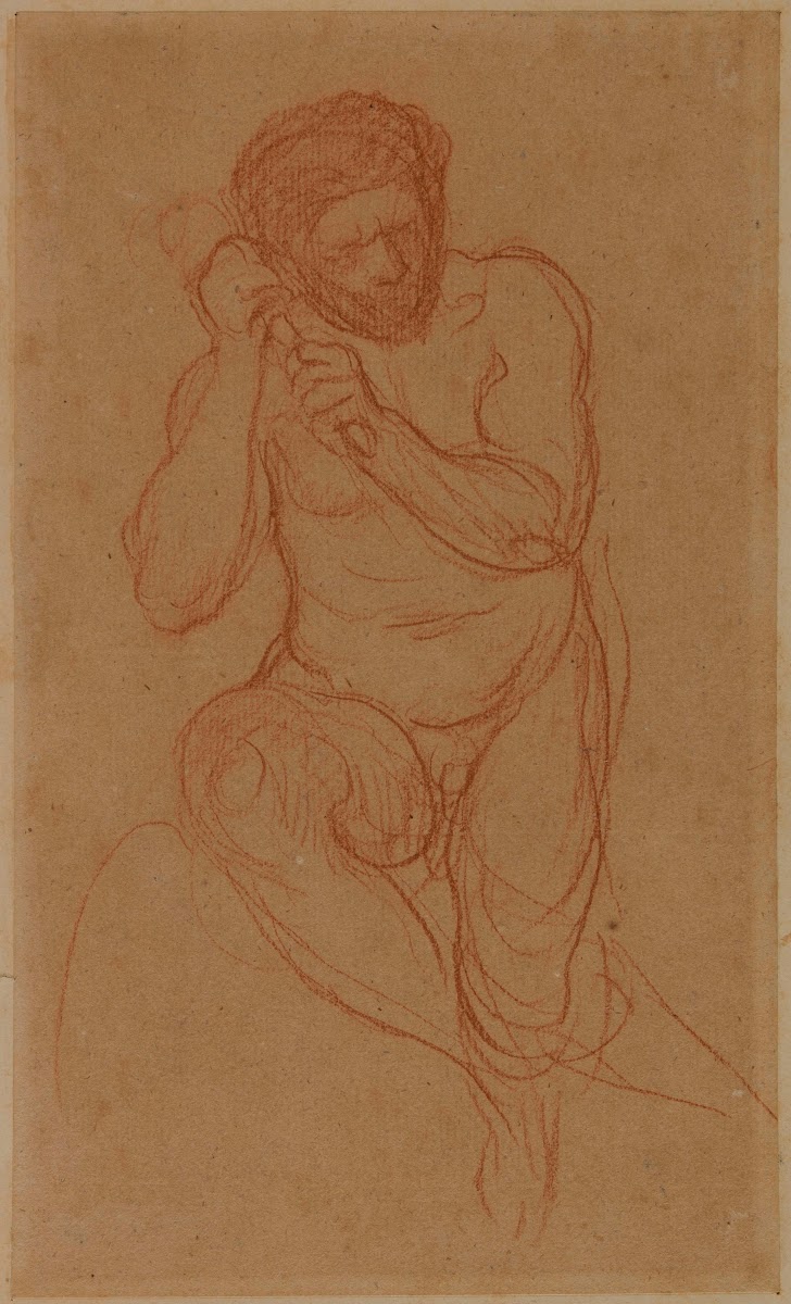 Homme nu assis de face tenant un objet des deux mains vers la gauche 1867 1869