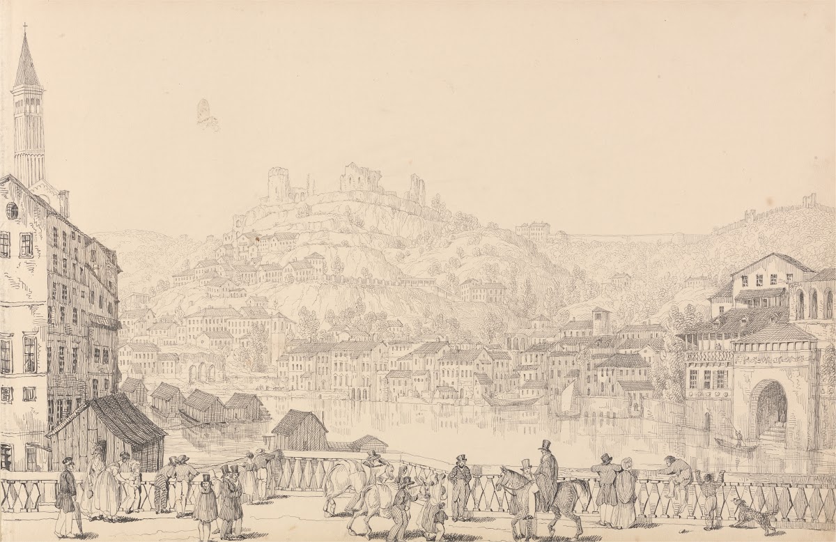 City of Verona and Castle of San Pietro from another bridge 1840