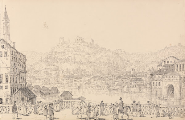 City of Verona and Castle of San Pietro from another bridge 1840