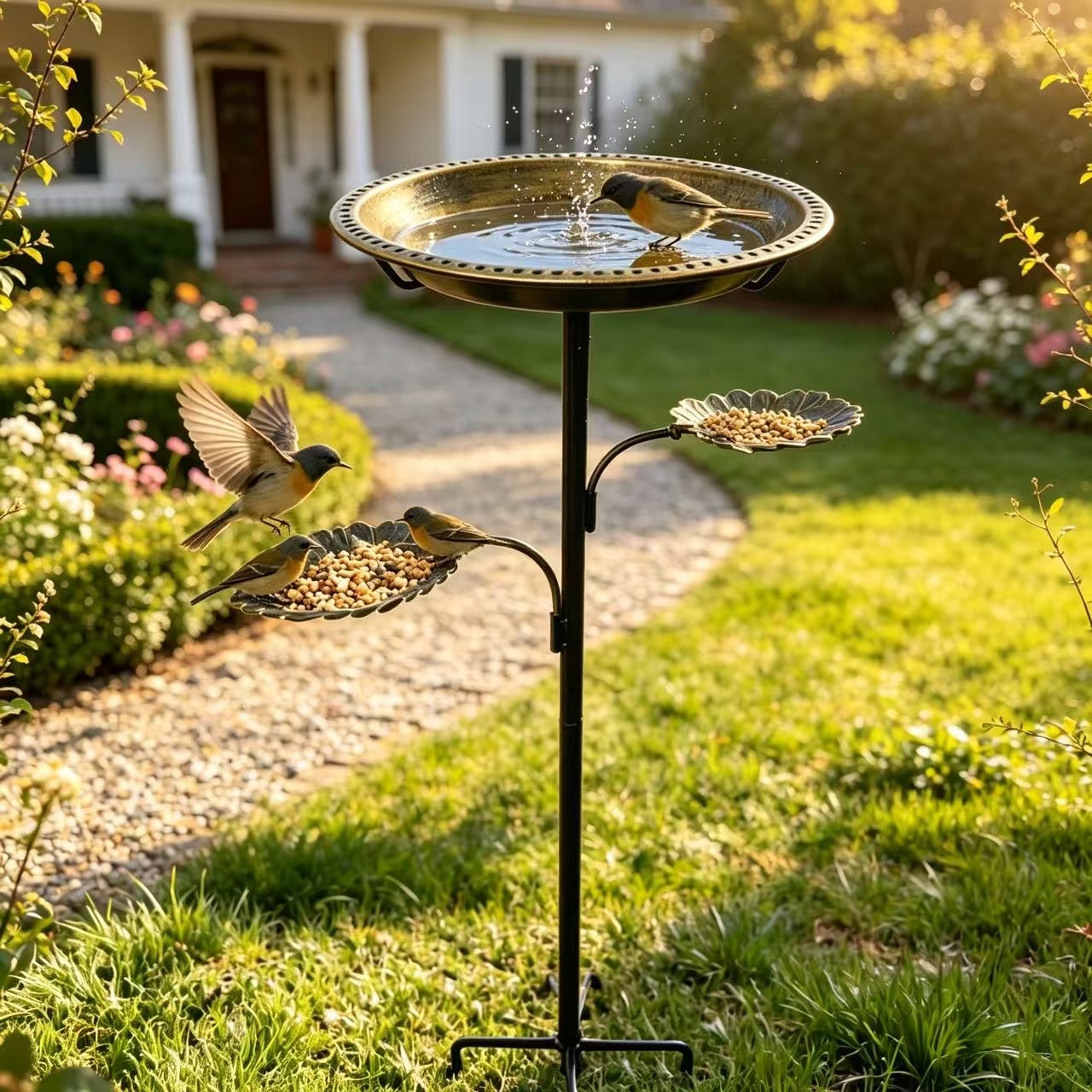 Metal birdbath and feeding station, leaf design