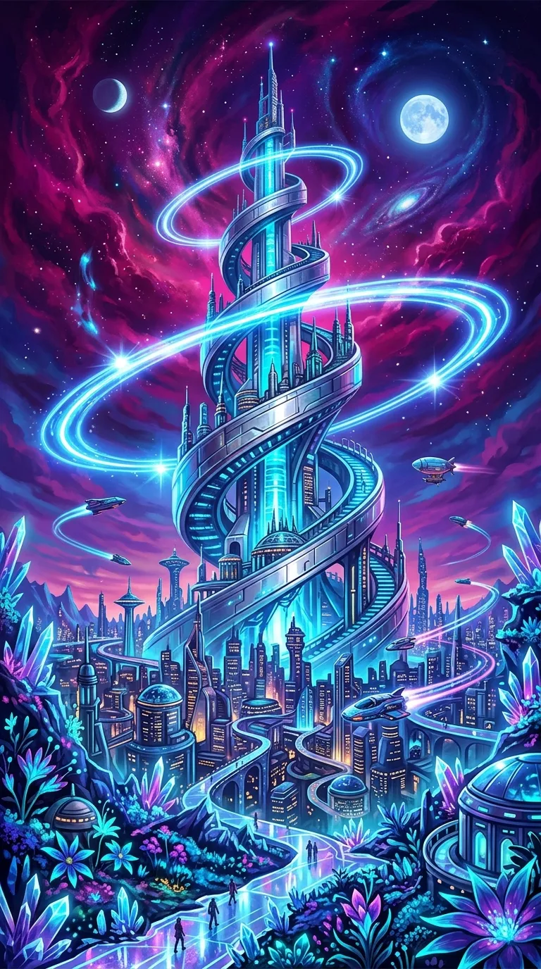 Surreal Futuristic Cityscape with Massive Spiral Tower and Dual Moons - Free 4K mobile Wallpaper