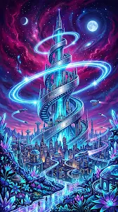Surreal Futuristic Cityscape with Massive Spiral Tower and Dual Moons