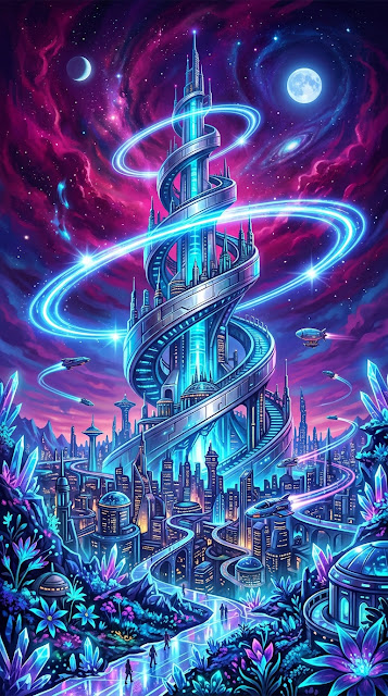 Surreal Futuristic Cityscape with Massive Spiral Tower and Dual Moons - Free mobile Wallpaper