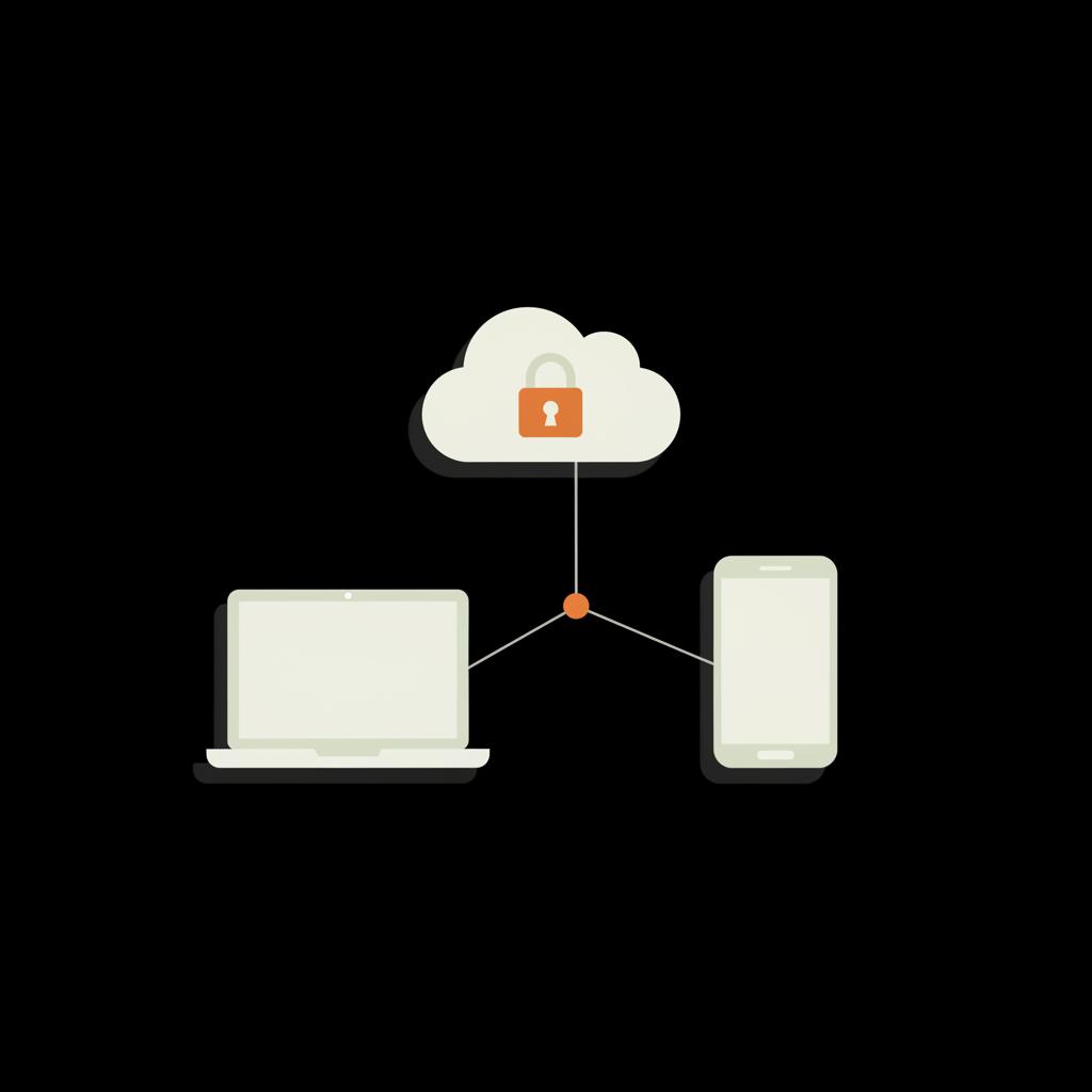 Minimal vector diagram of laptop, smartphone, and cloud vault interconnected to find saved Gmail password; black background with brand colors #edf1e9 and #dc5c2b.