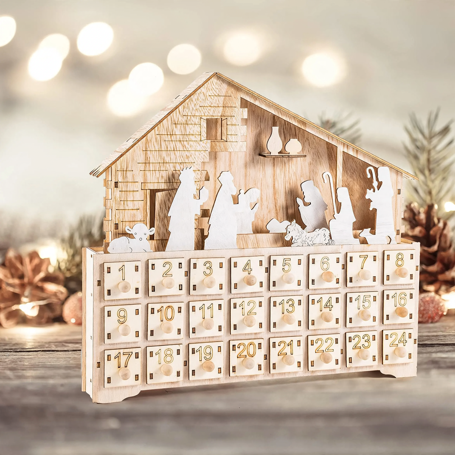LED-Adventskalender aus Holz, Krippenszene