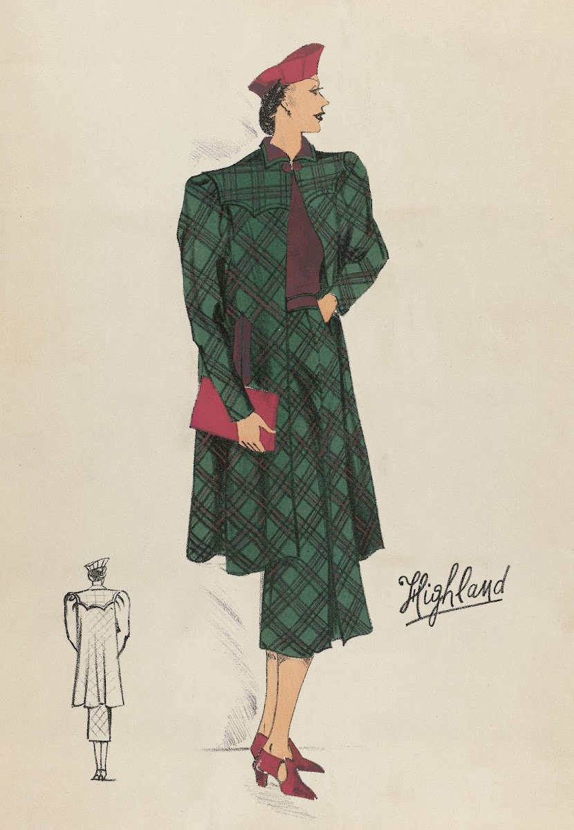 Woman in checkered long coat and dress ca 1930