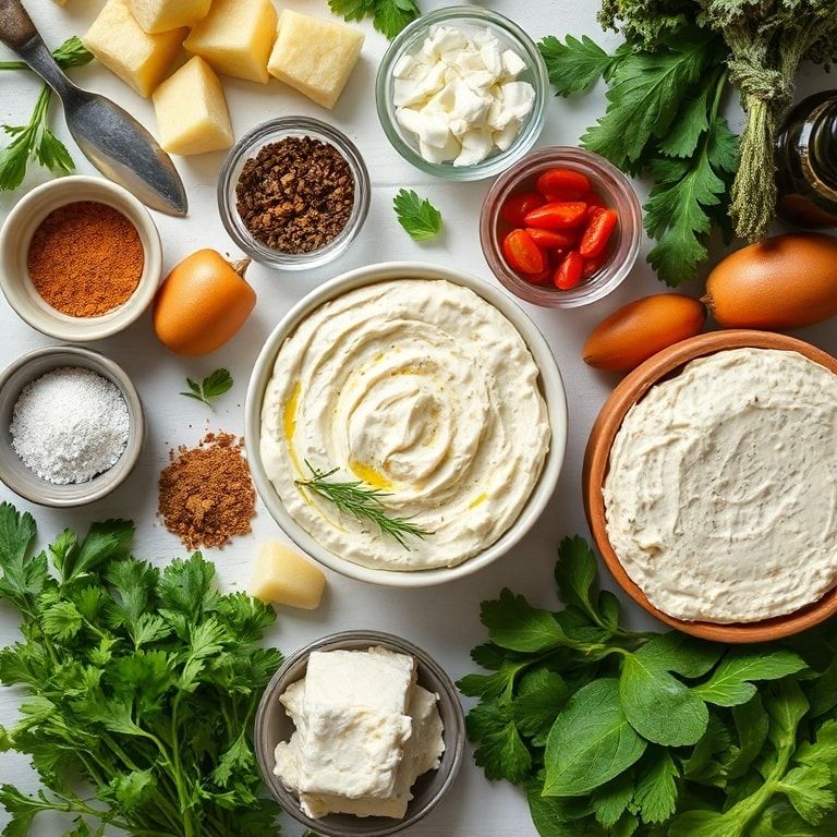 Ingredients for Creamy Olive and Feta Dip Recipe for Easy Appetizers – Quick, Silky Mediterranean Snack