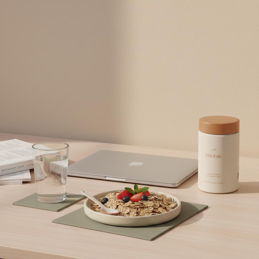 Minimalist morning desk with Tonum Nouro container beside fortified cereal and glass of water, a clean composition suggesting research-backed nutrition that vitamin cuts dementia risk