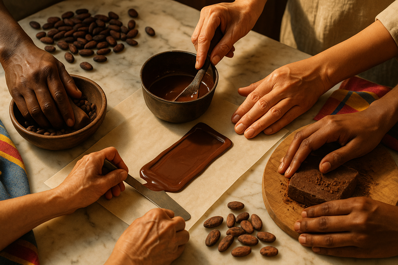 Barra de chocolate artesanal sobre granos de cacao con manos venezolanas trabajando