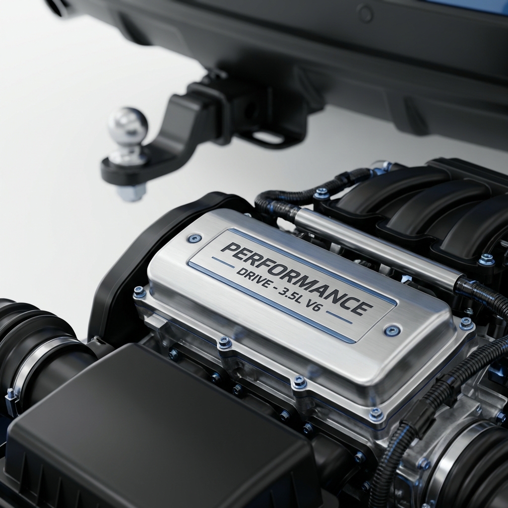 Close up engine bay with engine badge in sharp focus and tow hitch receiver visible in background minimalist white background subtle blue accents CarFax Deals chevy colorado for sale