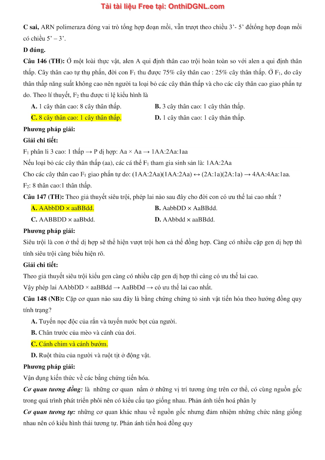 150 bài tập môn Sinh học - Ôn thi ĐGNL ĐHQG HN