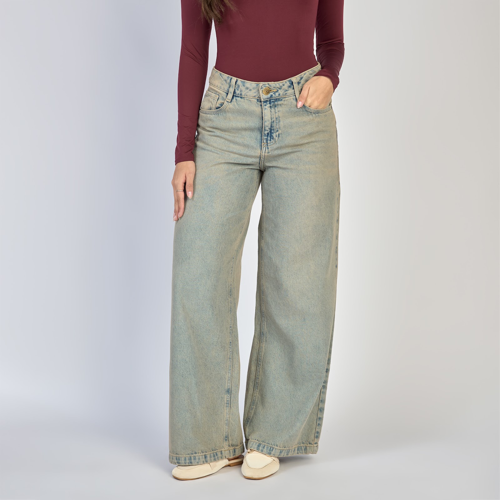 Jean dama wide leg tiro alto rígido, color Azul dirty - Vista 4