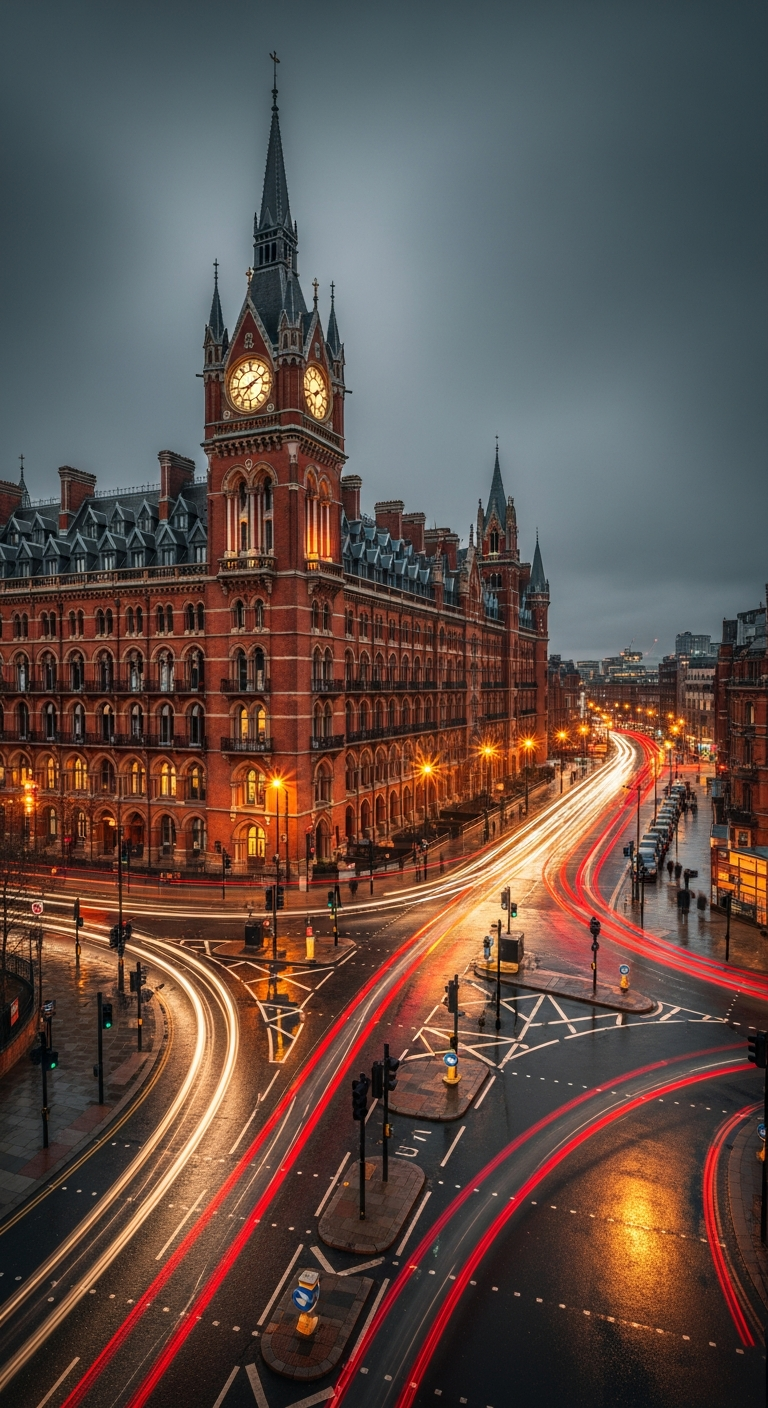Dramatic Night Long Exposure of St Pancras Hotel with Light Trails - Free 4K mobile Wallpaper