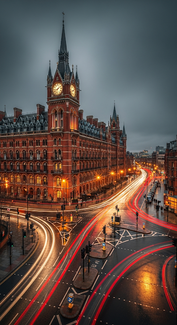 Dramatic Night Long Exposure of St Pancras Hotel with Light Trails - Free mobile Wallpaper