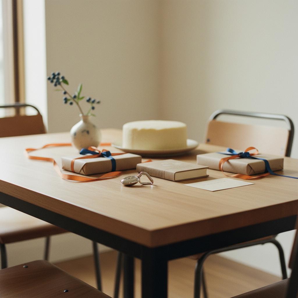 Wie kann ich meine Mutter überraschen? Nahaufnahme: Geschenke (Metallanhänger, kleines Buch) auf Esstisch mit Vanillekuchen, minimalistisches Steelmonks-Design, Farben #FAFAFF/#0044CC/#ff9800